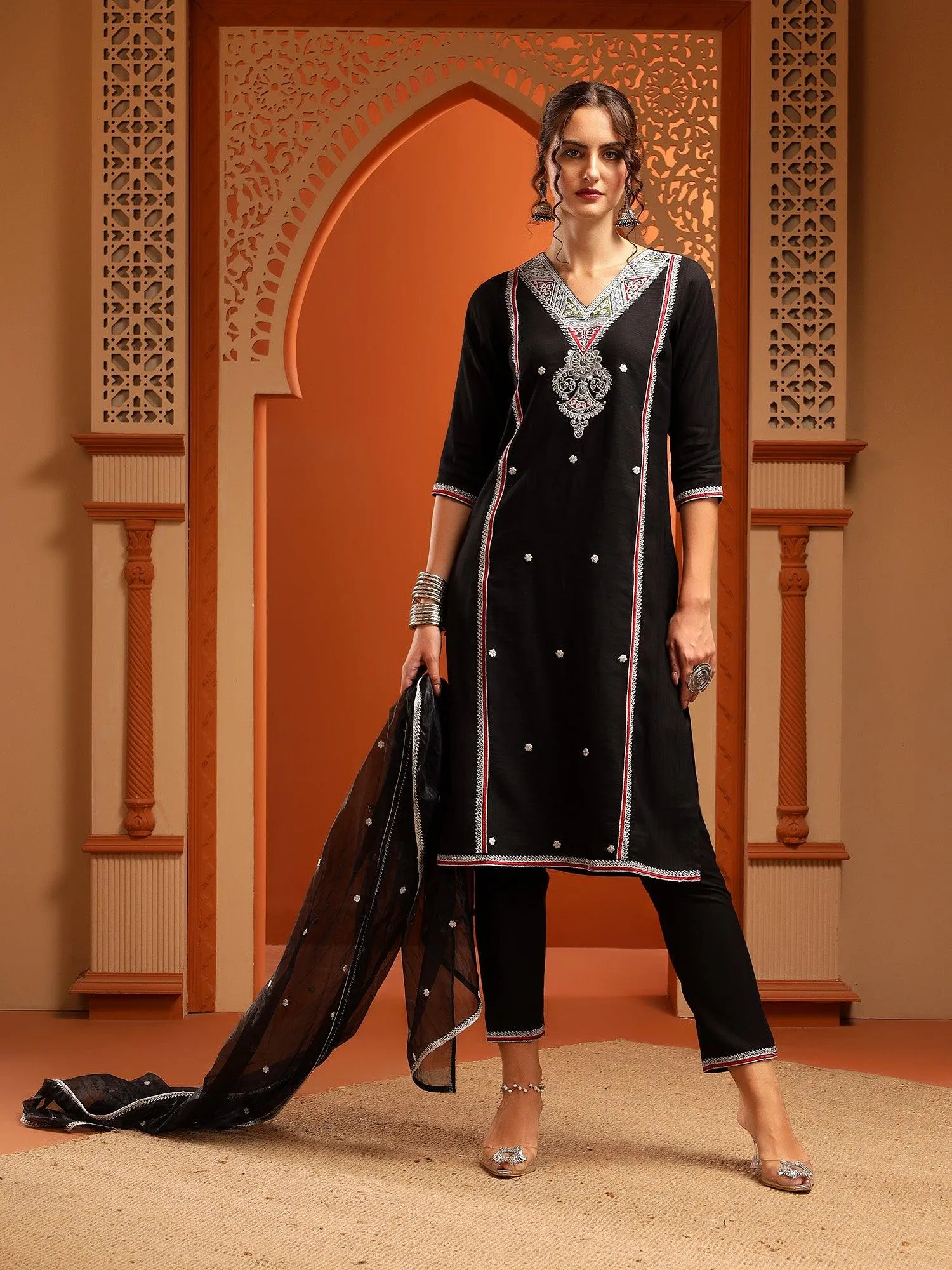 Kesar Muslin Black Embroidered Straight Kurta Set With Dupatta