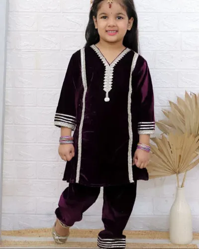 Kids Wine Velvet Beautiful Kurti Pant Set