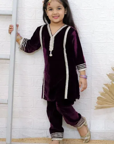 Kids Wine Velvet Beautiful Kurti Pant Set