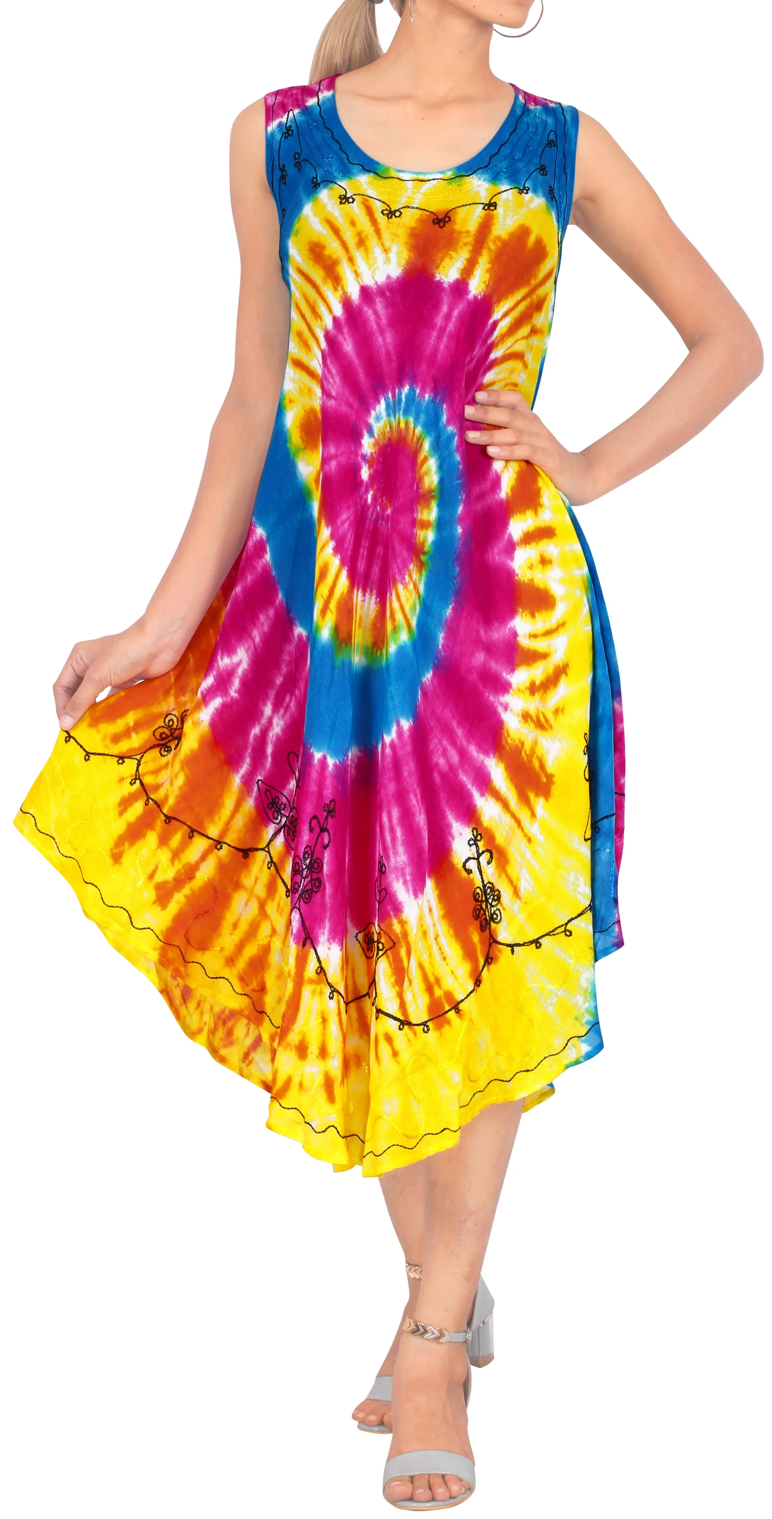 LA LEELA Women's Swing Skater Hand Tie Dye Beach Dress Large-X-Large Blue_AA277