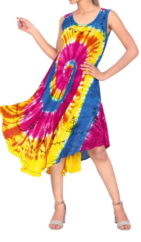 LA LEELA Women's Swing Skater Hand Tie Dye Beach Dress Large-X-Large Blue_AA277