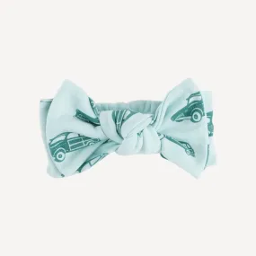 large bow elastic headband | teal camp car | organic cotton interlock