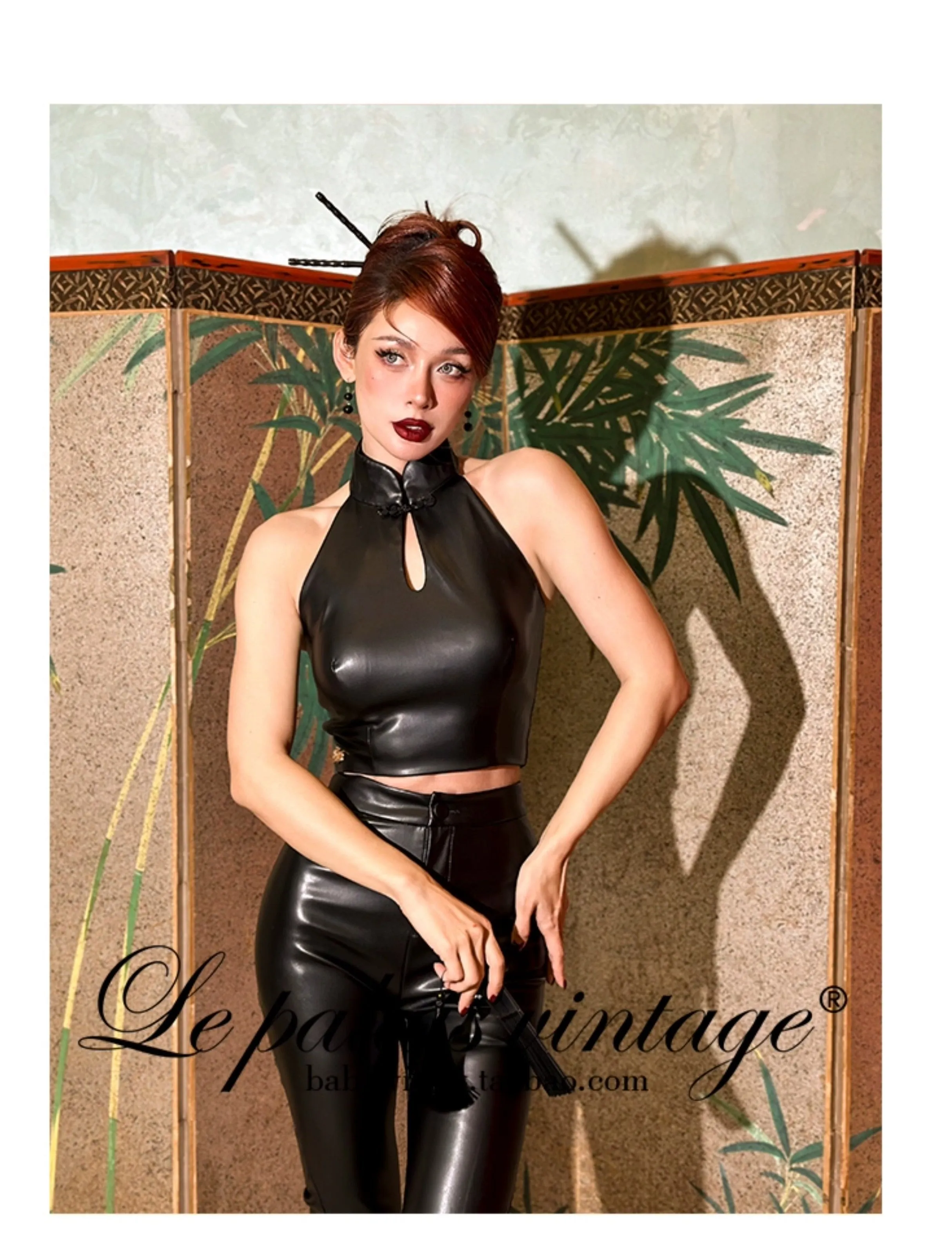 Le Palais Vintage Black Leather Top/ High-waisted Hip Leather Flared Pants-Zhuri