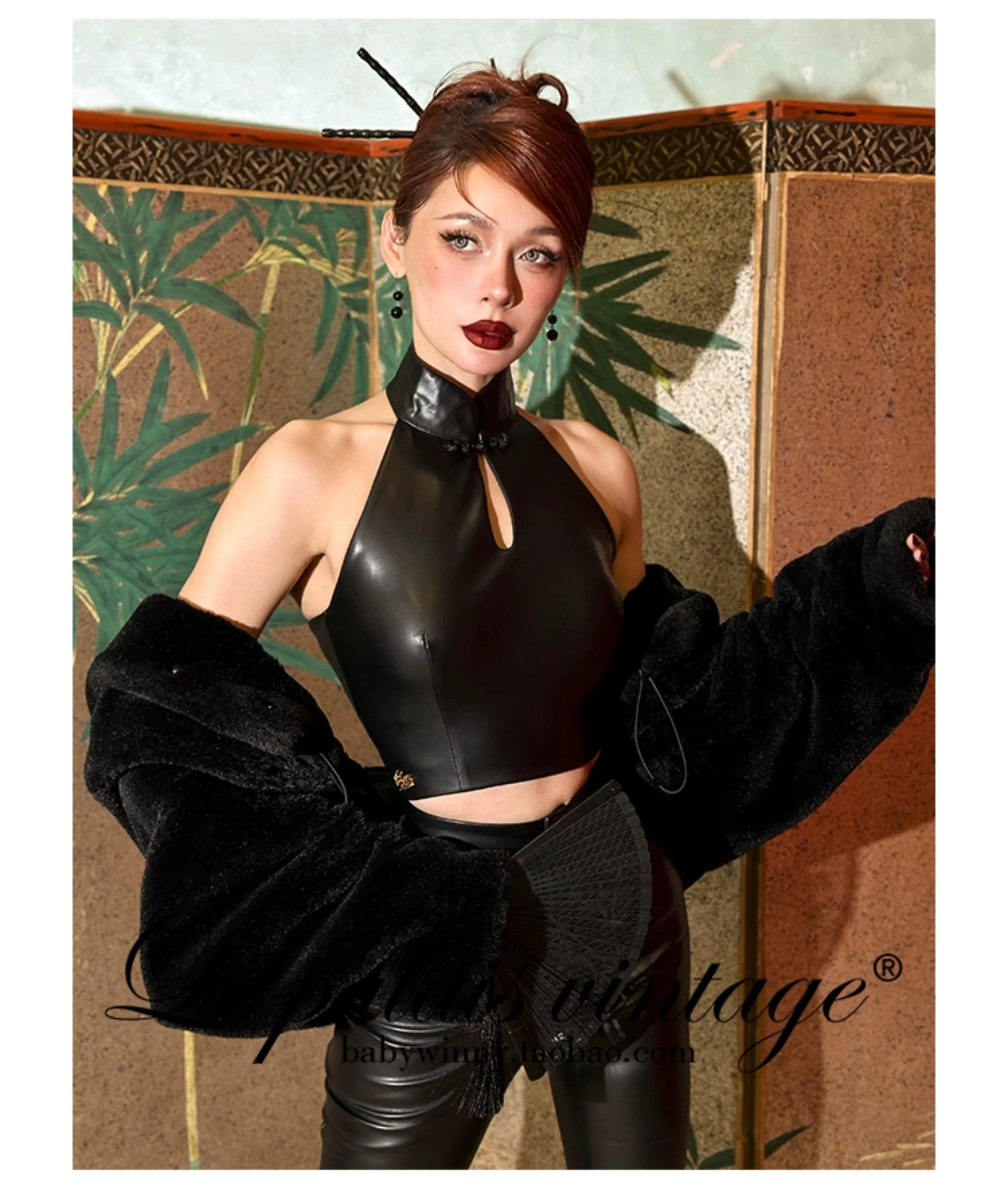 Le Palais Vintage Black Leather Top/ High-waisted Hip Leather Flared Pants-Zhuri