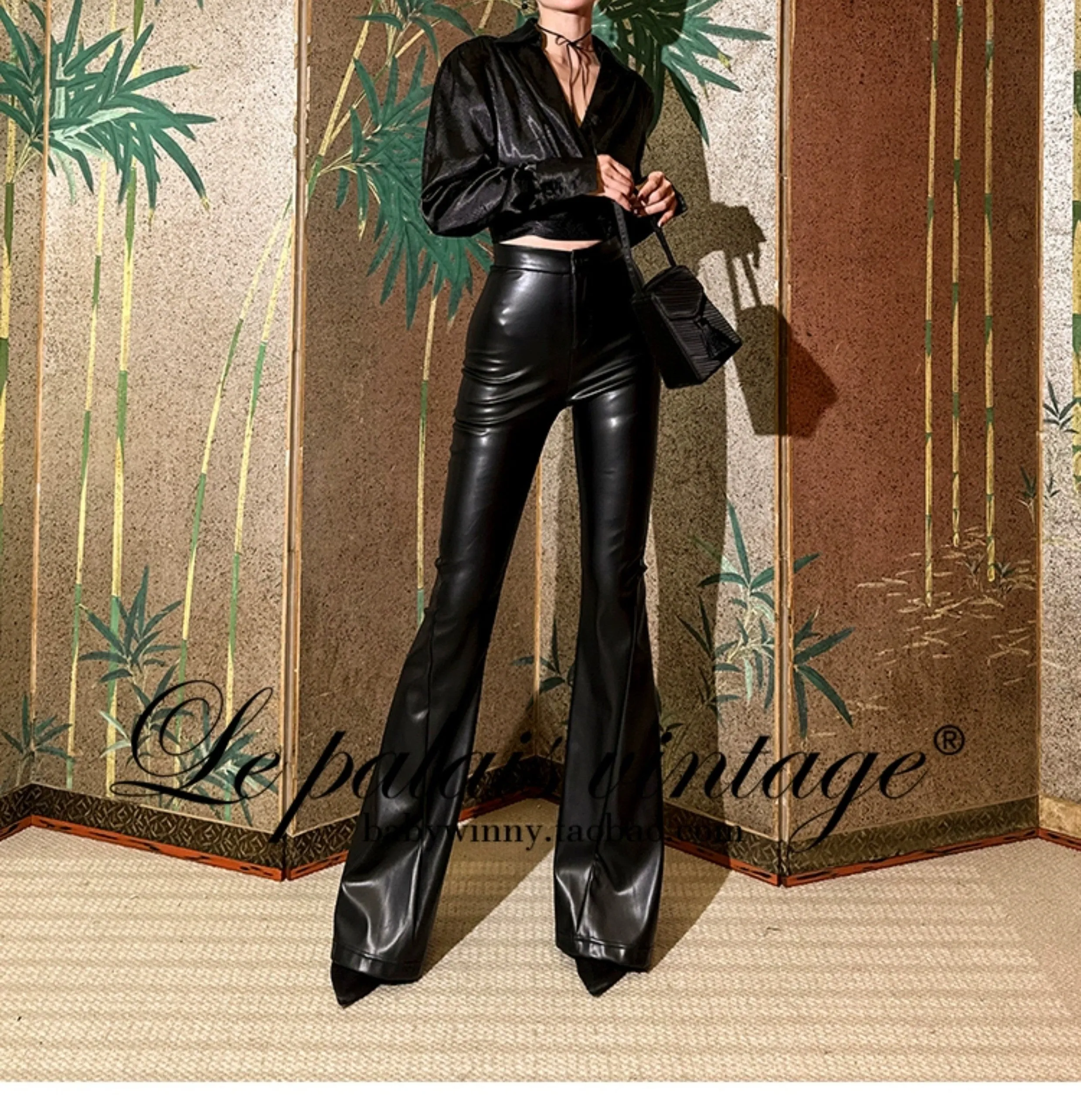 Le Palais Vintage Black Leather Top/ High-waisted Hip Leather Flared Pants-Zhuri