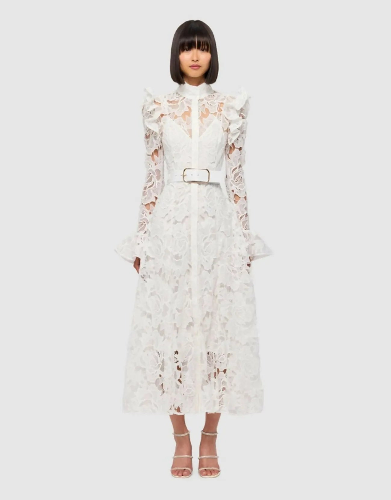 Leo Lin Aliyah Lace Butterfly Sleeve Midi Dress Hire in Snow