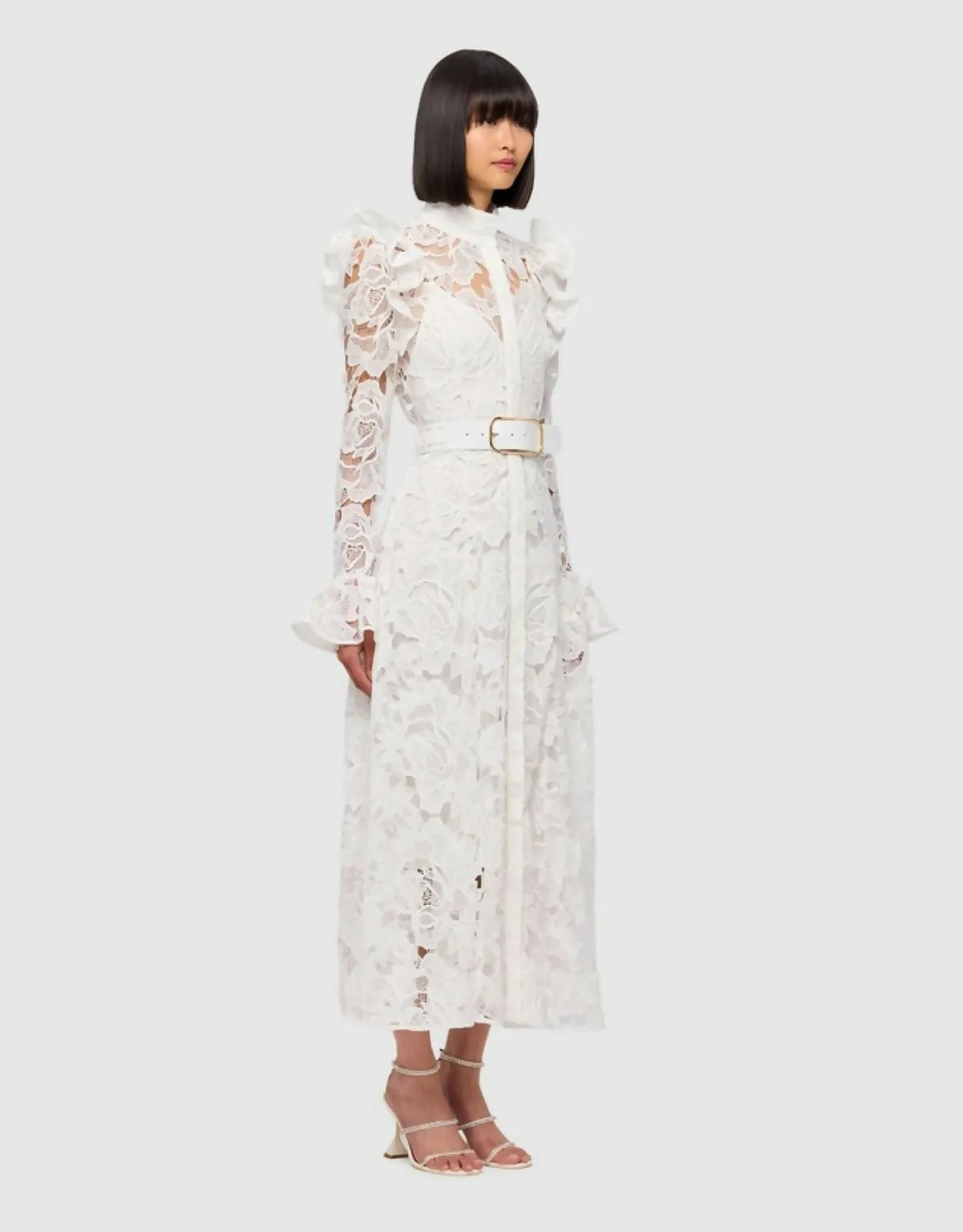 Leo Lin Aliyah Lace Butterfly Sleeve Midi Dress Hire in Snow