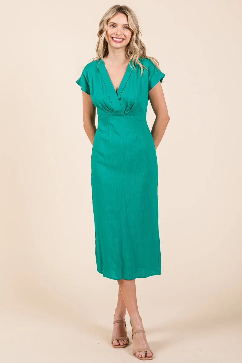 Linen V Neck Wrap Ruched Sheath Midi Dress