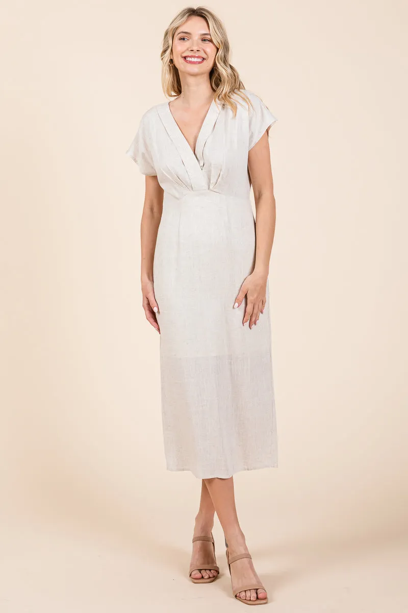 Linen V Neck Wrap Ruched Sheath Midi Dress