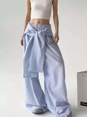 Loose Comfy Striped Lace-up Wide-leg Pants