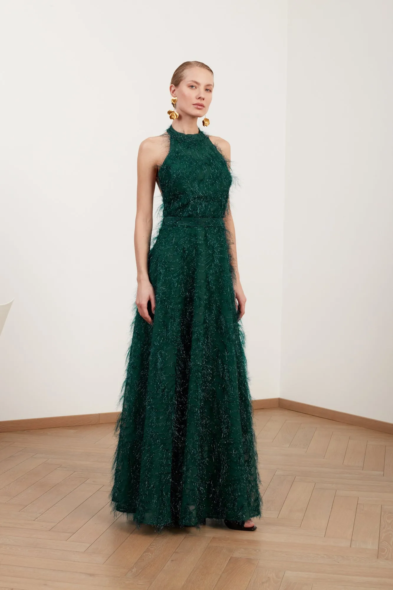 MAISSA green feather long evening gown with open back