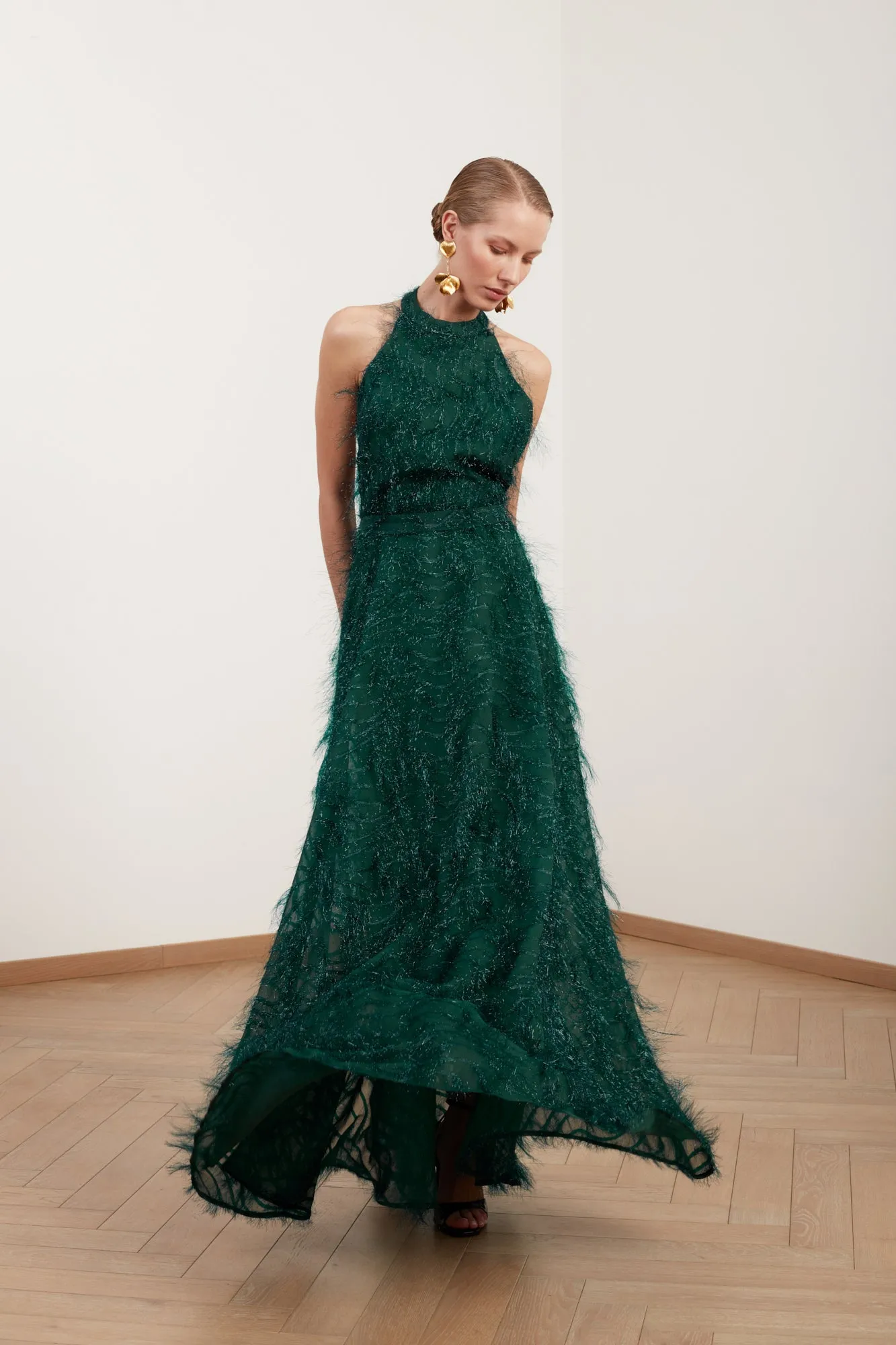 MAISSA green feather long evening gown with open back