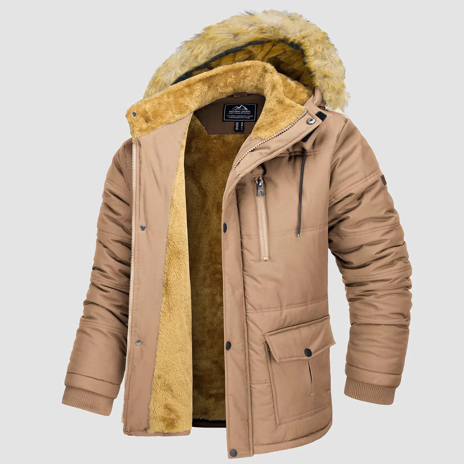 Men's Fleece Lined Parka Jacket - Hooded Puffer Warm Coat