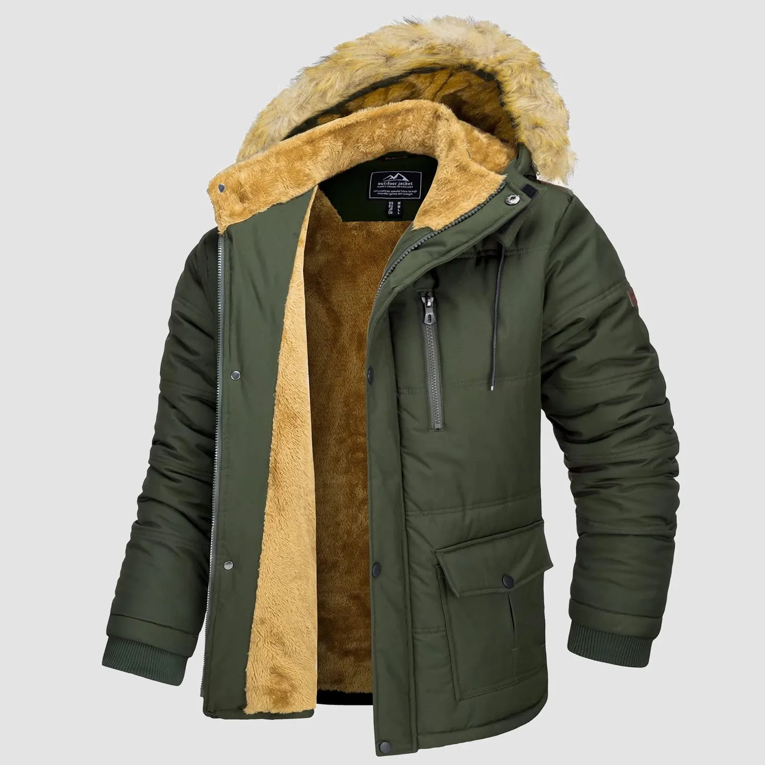 Men's Fleece Lined Parka Jacket - Hooded Puffer Warm Coat