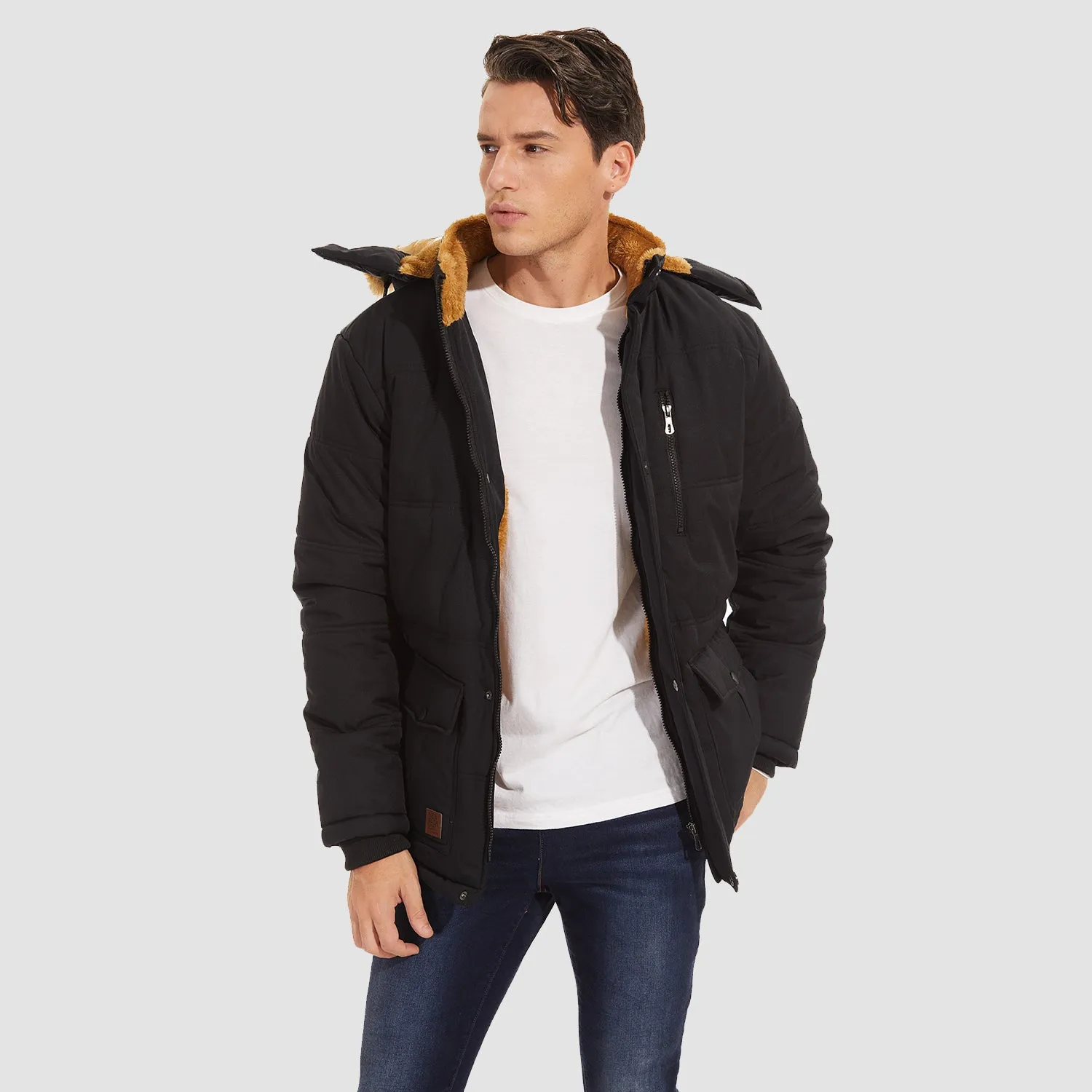 Men's Fleece Lined Parka Jacket - Hooded Puffer Warm Coat