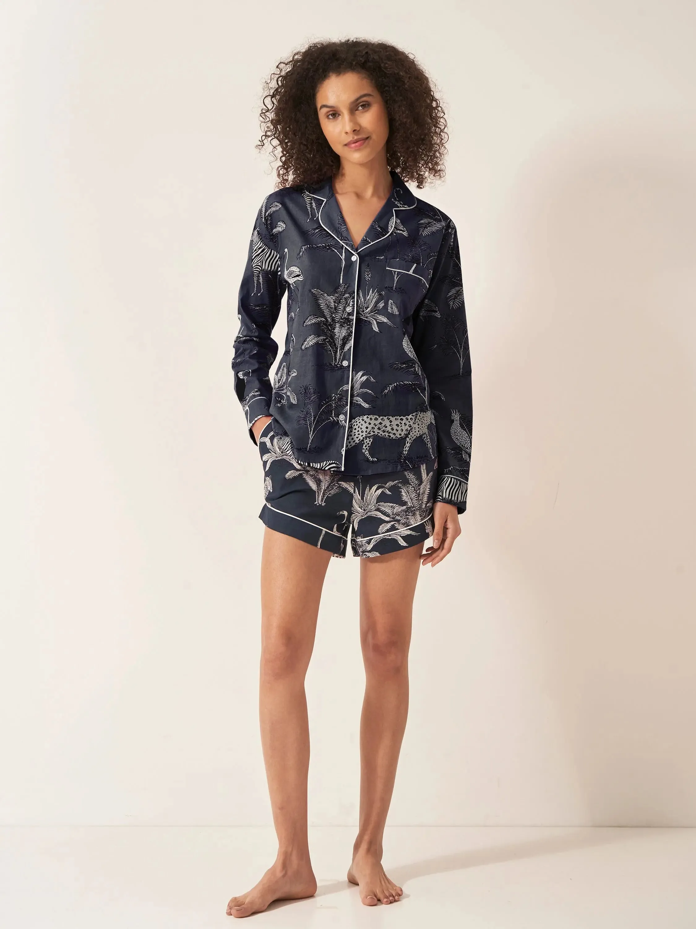 Navy Jungle Women's Long Sleeve Organic Cotton PJ Short Set