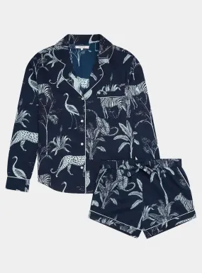 Navy Jungle Women's Long Sleeve Organic Cotton PJ Short Set