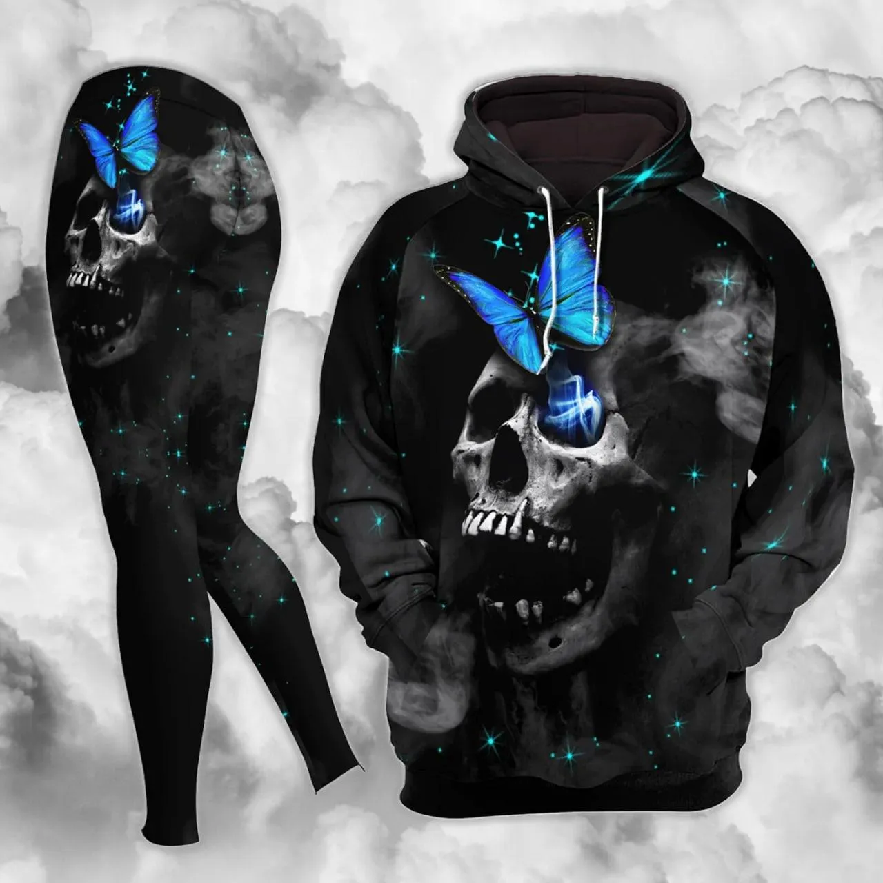 Neon Blue Butterfly Skull Combo Hoodie and Leggings