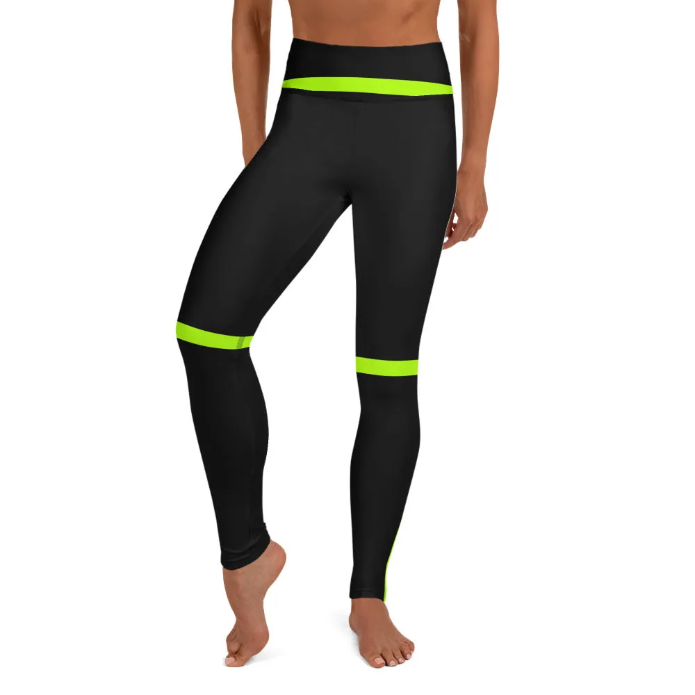 Neon Green Striped Yoga Leggings, Black Green Women's Long Workout Tights-Made in USA/EU