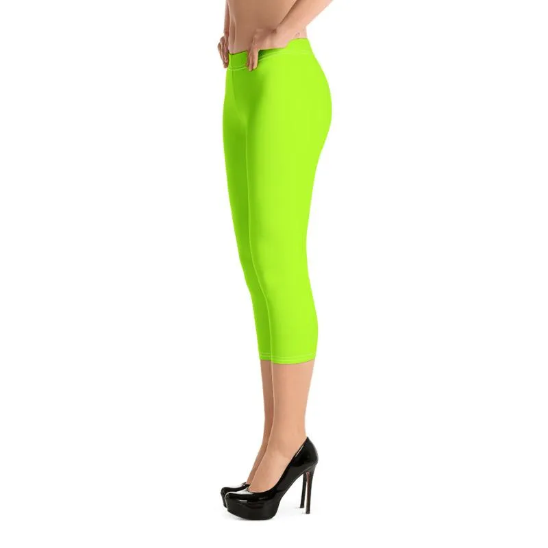 Neon Lime Green Solid Color Women's Bright Capri Leggings Tights- Made in USA/ EU