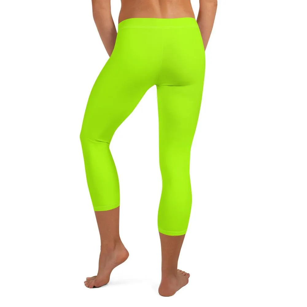 Neon Lime Green Solid Color Women's Bright Capri Leggings Tights- Made in USA/ EU