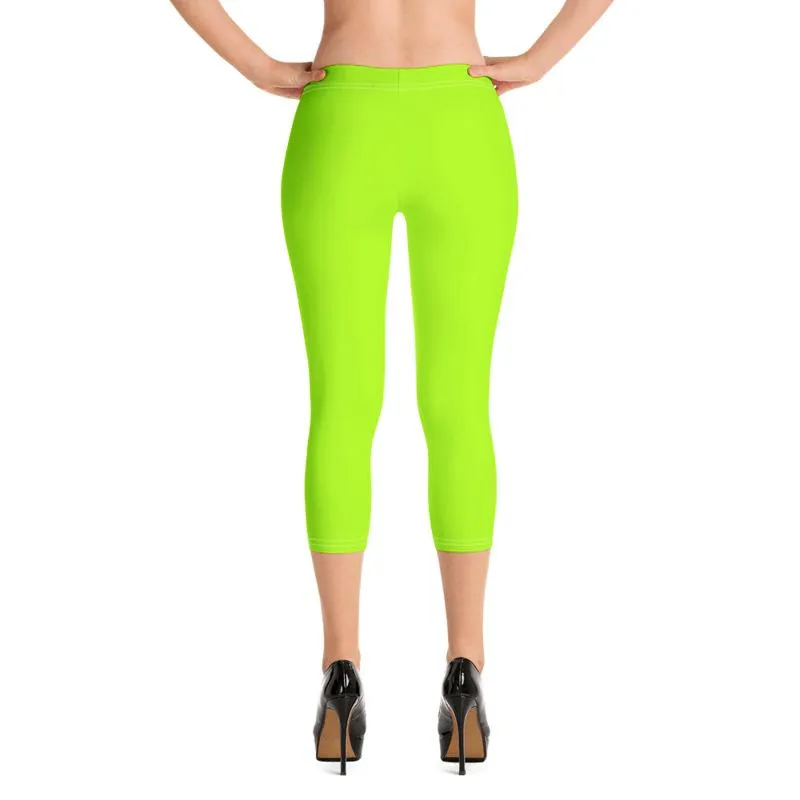 Neon Lime Green Solid Color Women's Bright Capri Leggings Tights- Made in USA/ EU