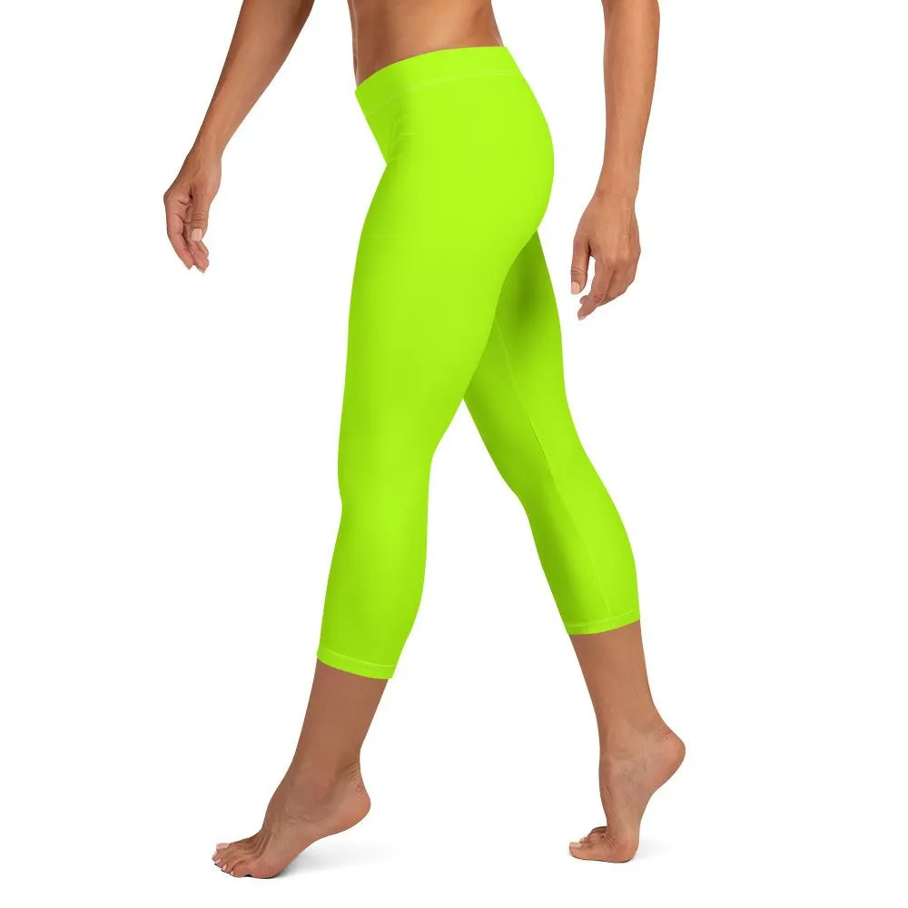 Neon Lime Green Solid Color Women's Bright Capri Leggings Tights- Made in USA/ EU