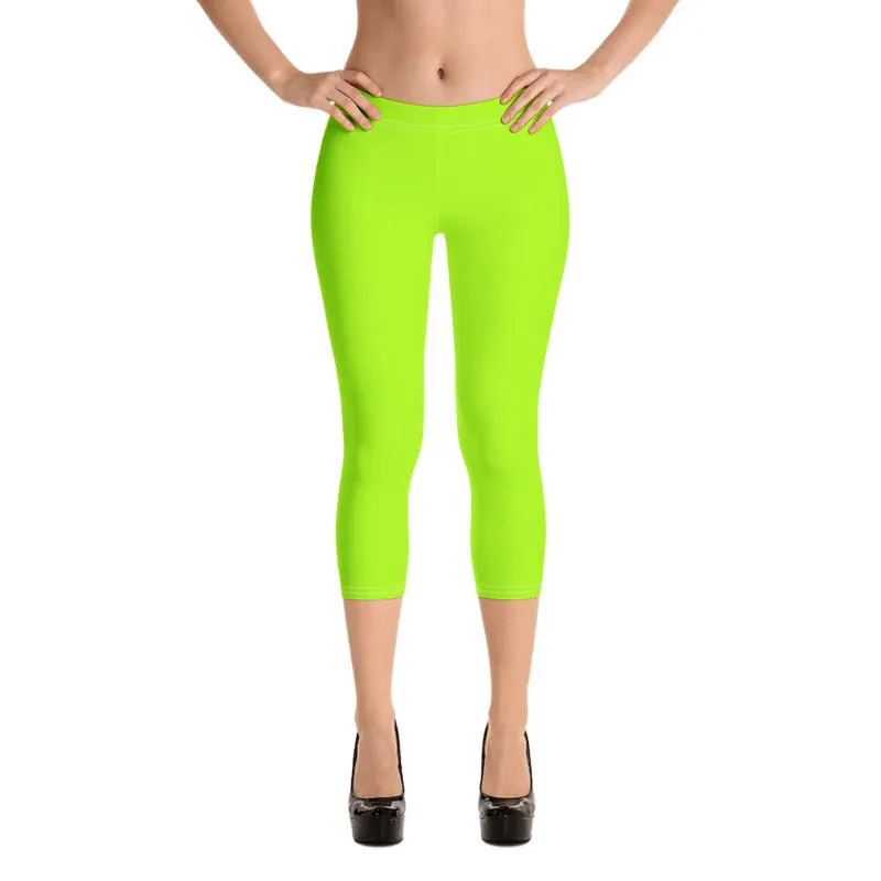 Neon Lime Green Solid Color Women's Bright Capri Leggings Tights- Made in USA/ EU