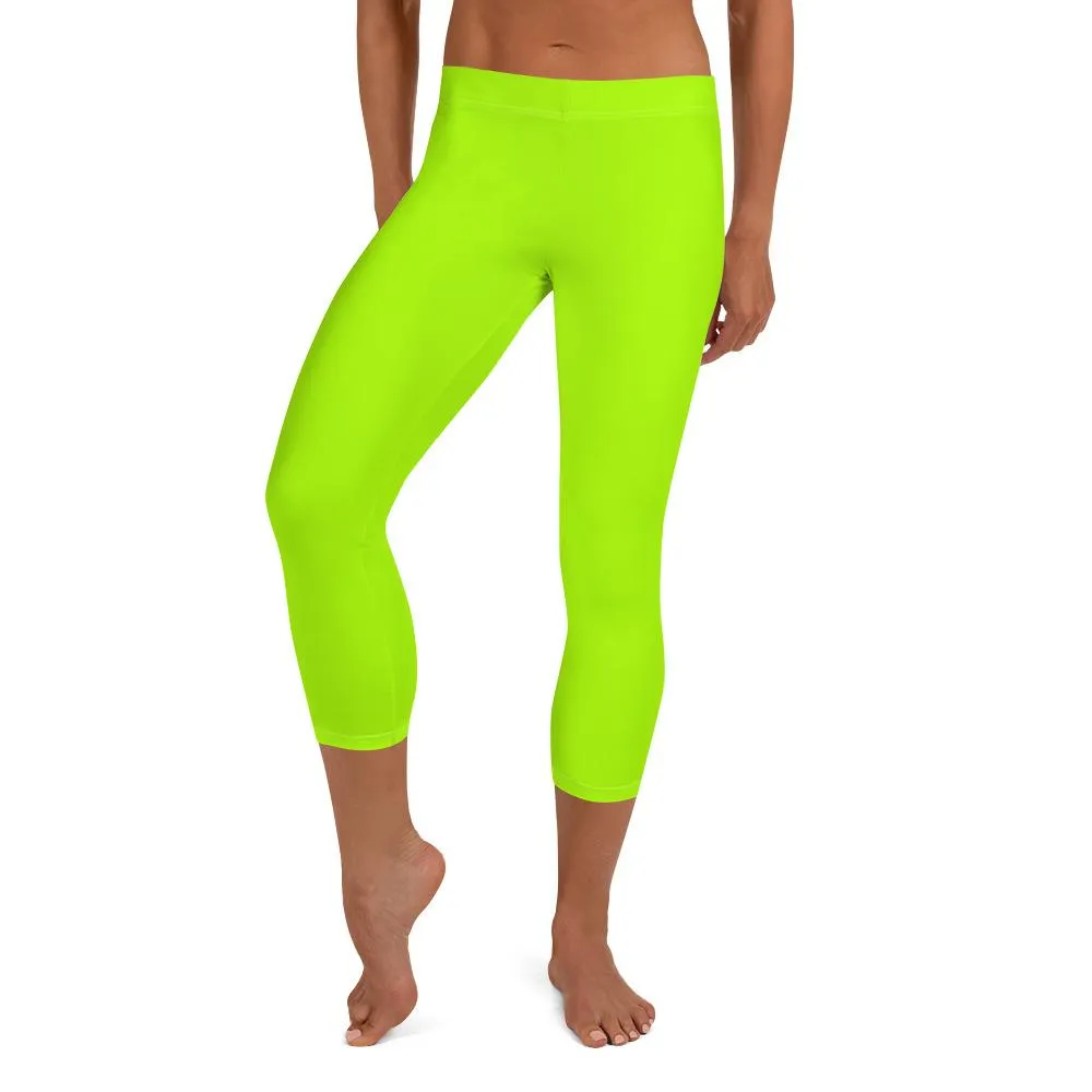 Neon Lime Green Solid Color Women's Bright Capri Leggings Tights- Made in USA/ EU