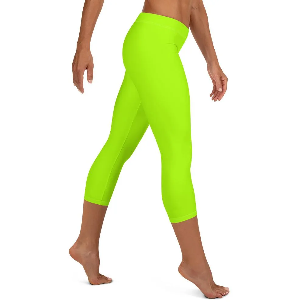 Neon Lime Green Solid Color Women's Bright Capri Leggings Tights- Made in USA/ EU