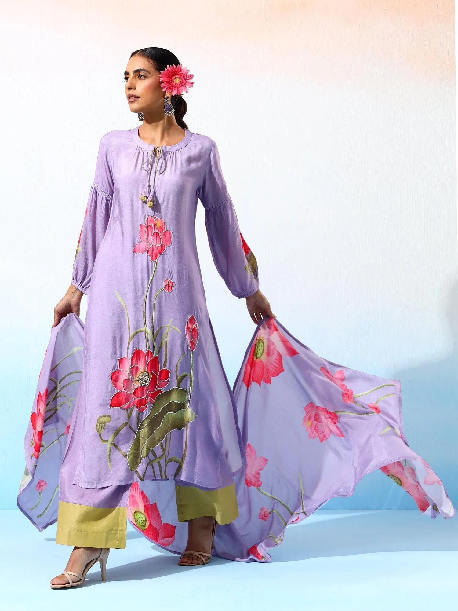 Nilofar Muslin Lavender Printed Kurta Set