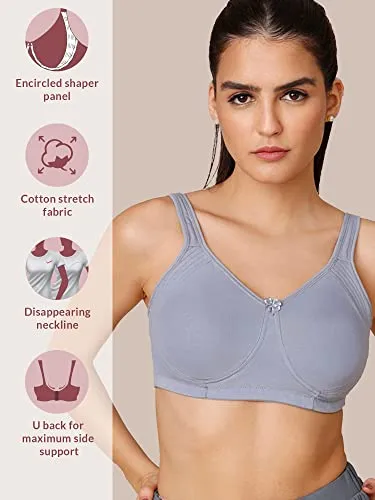 NYKD Encircled with Love Everyday Cotton Bra for Women Non Padded, Wirefree, Full Coverage - Side Support Shaper - Bra, NYB169, M BLUE, 36B, 1N