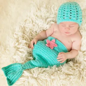 Ocean Blue Mermaid Newborn Crochet Baby Hat and Diaper Cover Tail Set with Pink Starfish, Photography Prop Infant Hat