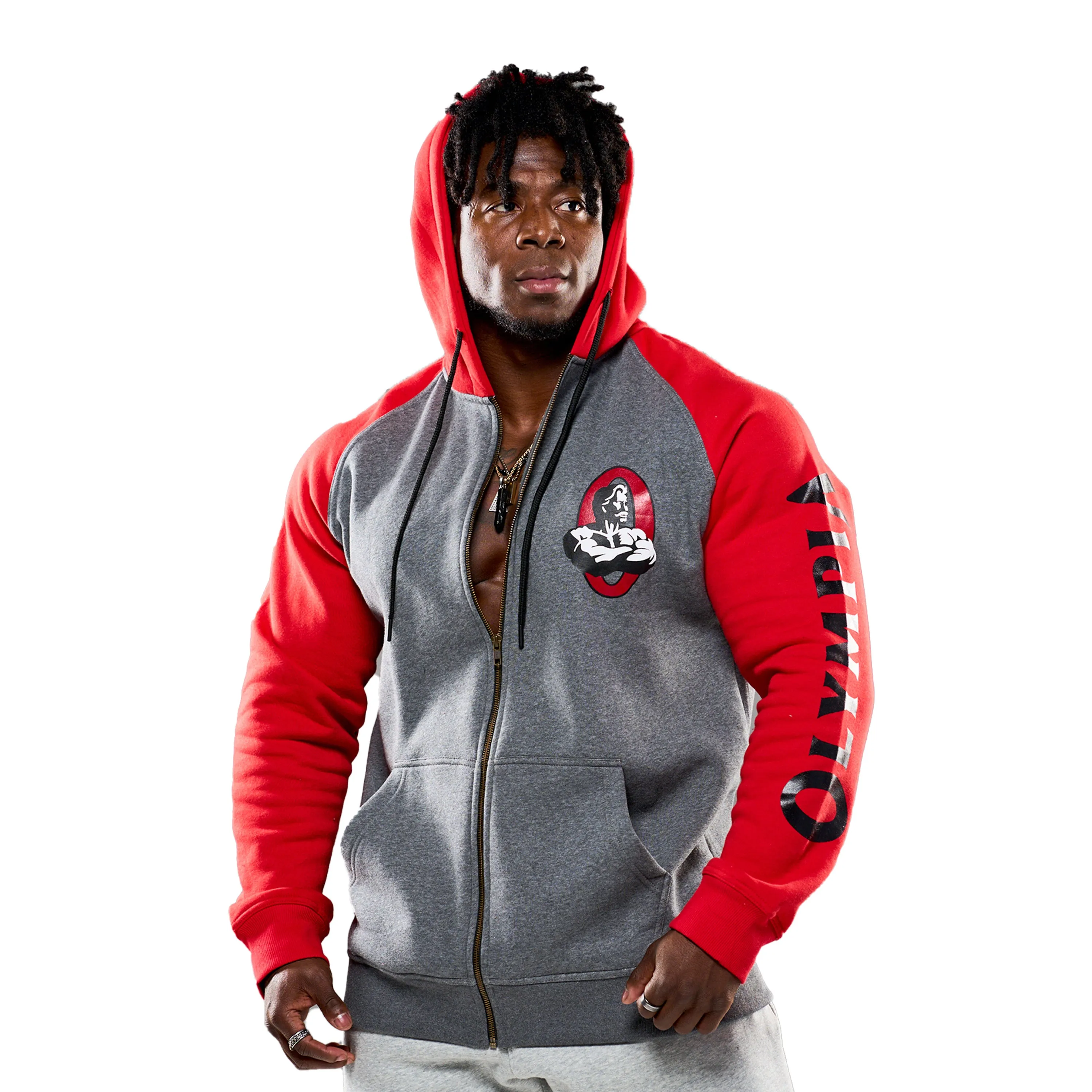 Olympia Grey & Red Full-Zip Fleece Printed Logo Hoodie