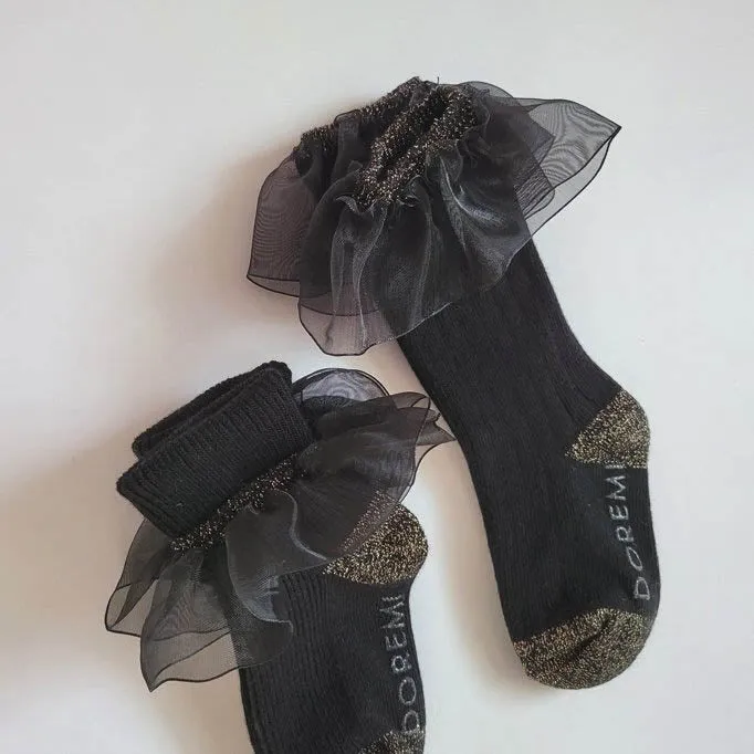 Organza Frill Socks & Knee Socks Set_Black