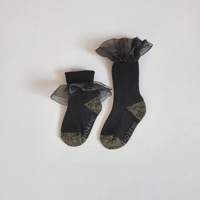 Organza Frill Socks & Knee Socks Set_Black