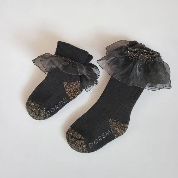 Organza Frill Socks & Knee Socks Set_Black