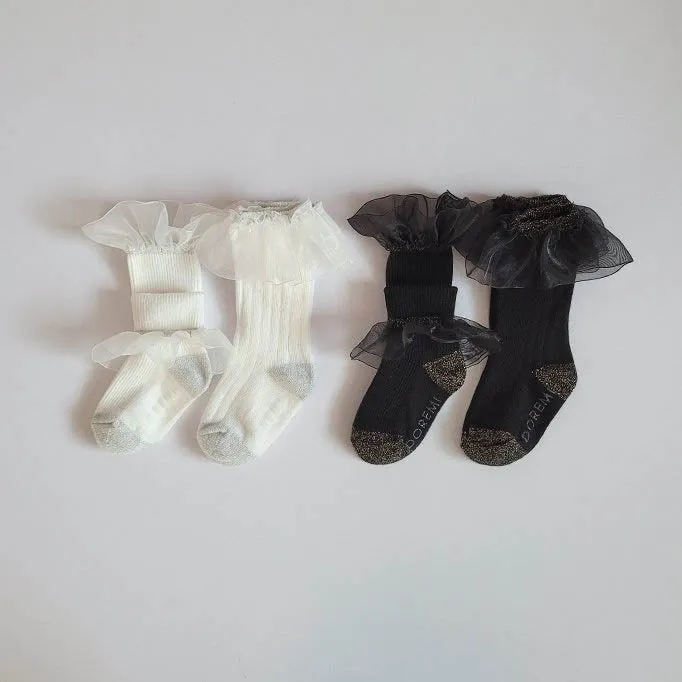 Organza Frill Socks & Knee Socks Set_Cream