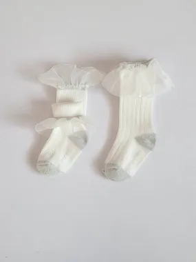 Organza Frill Socks & Knee Socks Set_Cream