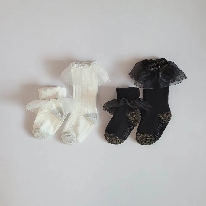 Organza Frill Socks & Knee Socks Set_Cream