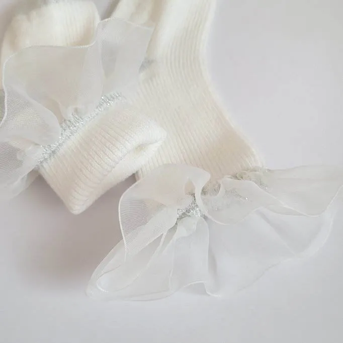 Organza Frill Socks & Knee Socks Set_Cream