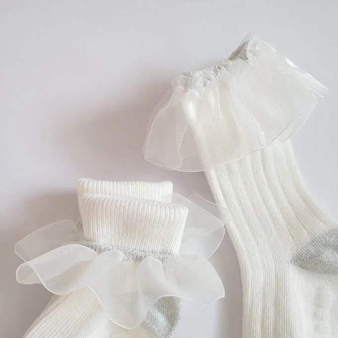 Organza Frill Socks & Knee Socks Set_Cream