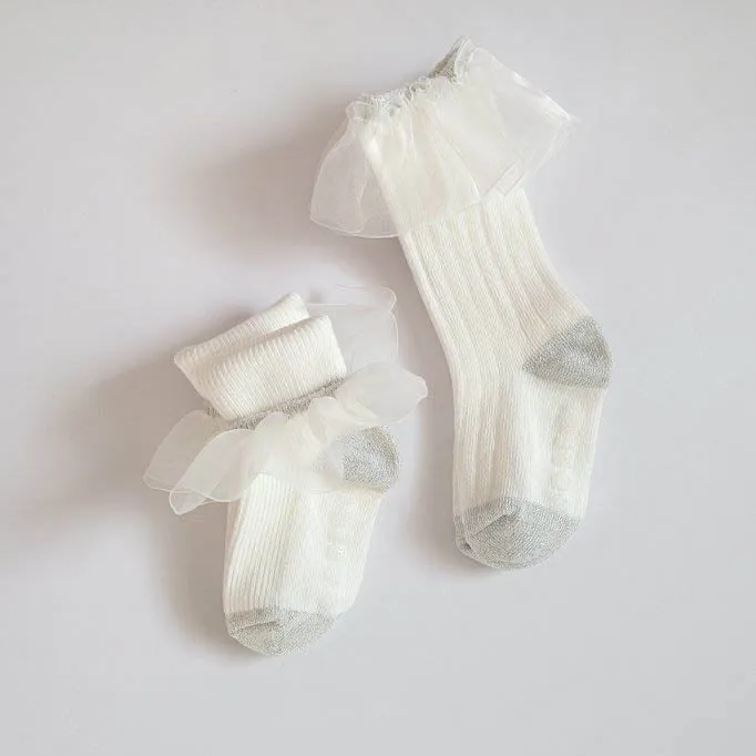 Organza Frill Socks & Knee Socks Set_Cream