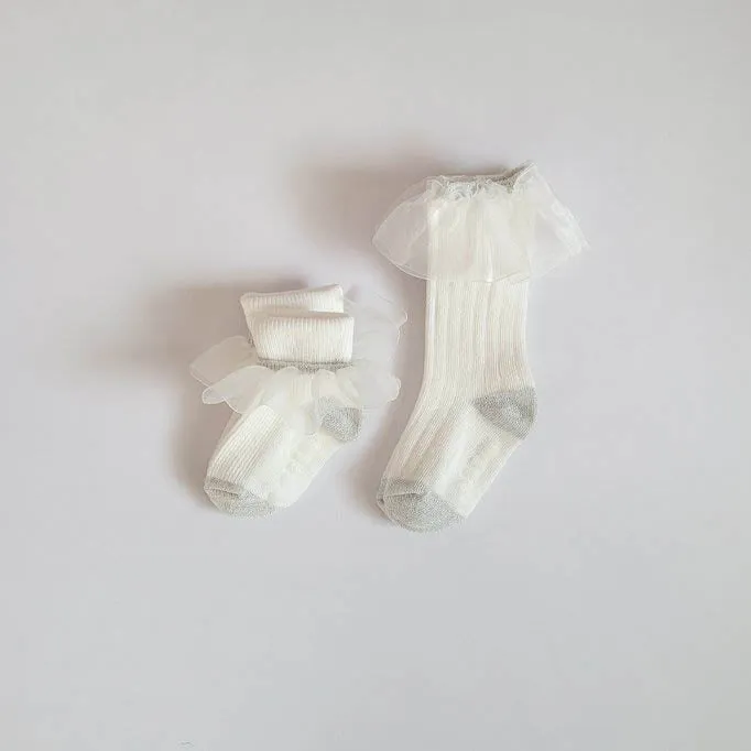 Organza Frill Socks & Knee Socks Set_Cream