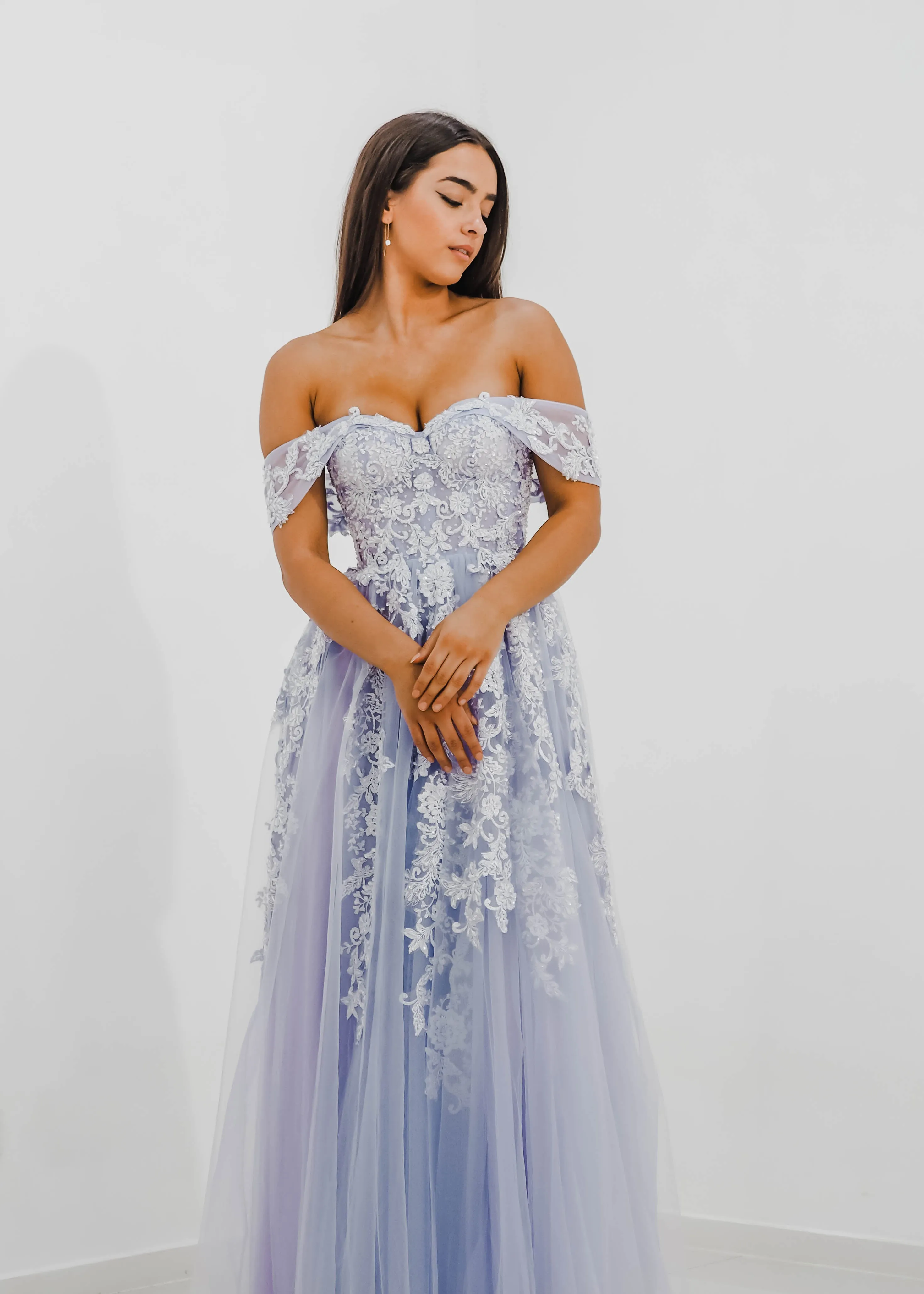 Pastel purple lace princess dress with off the shoulder sleeves