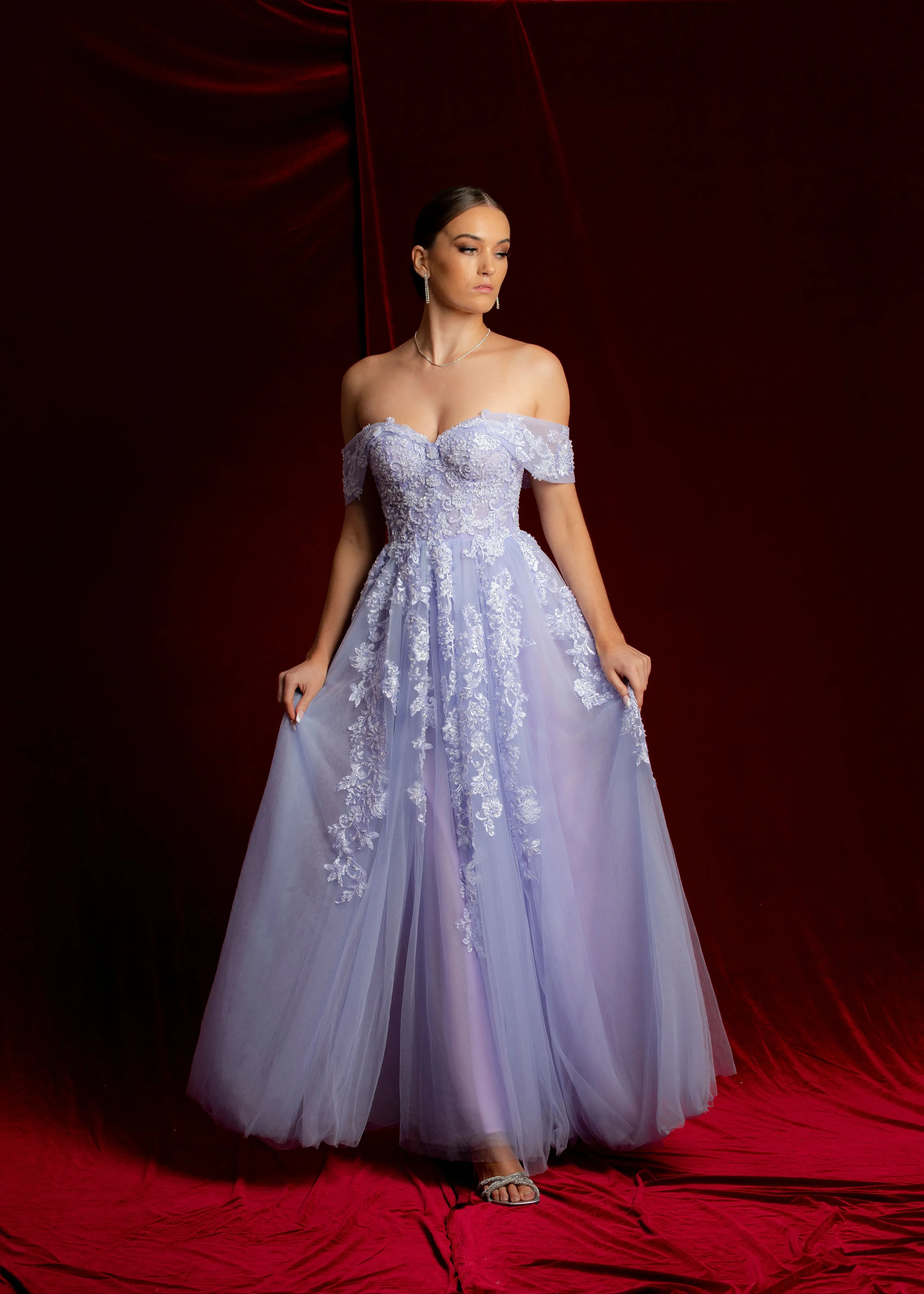 Pastel purple lace princess dress with off the shoulder sleeves