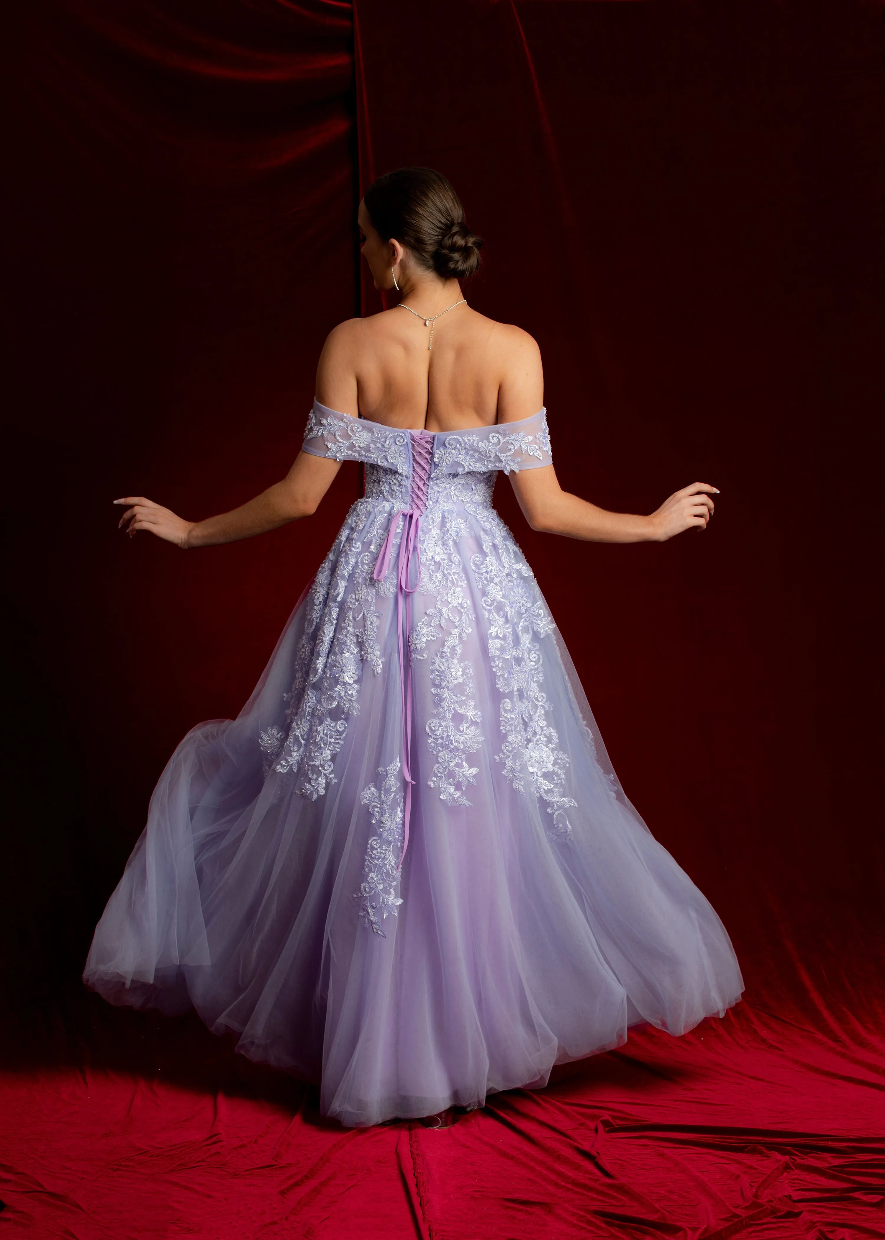 Pastel purple lace princess dress with off the shoulder sleeves