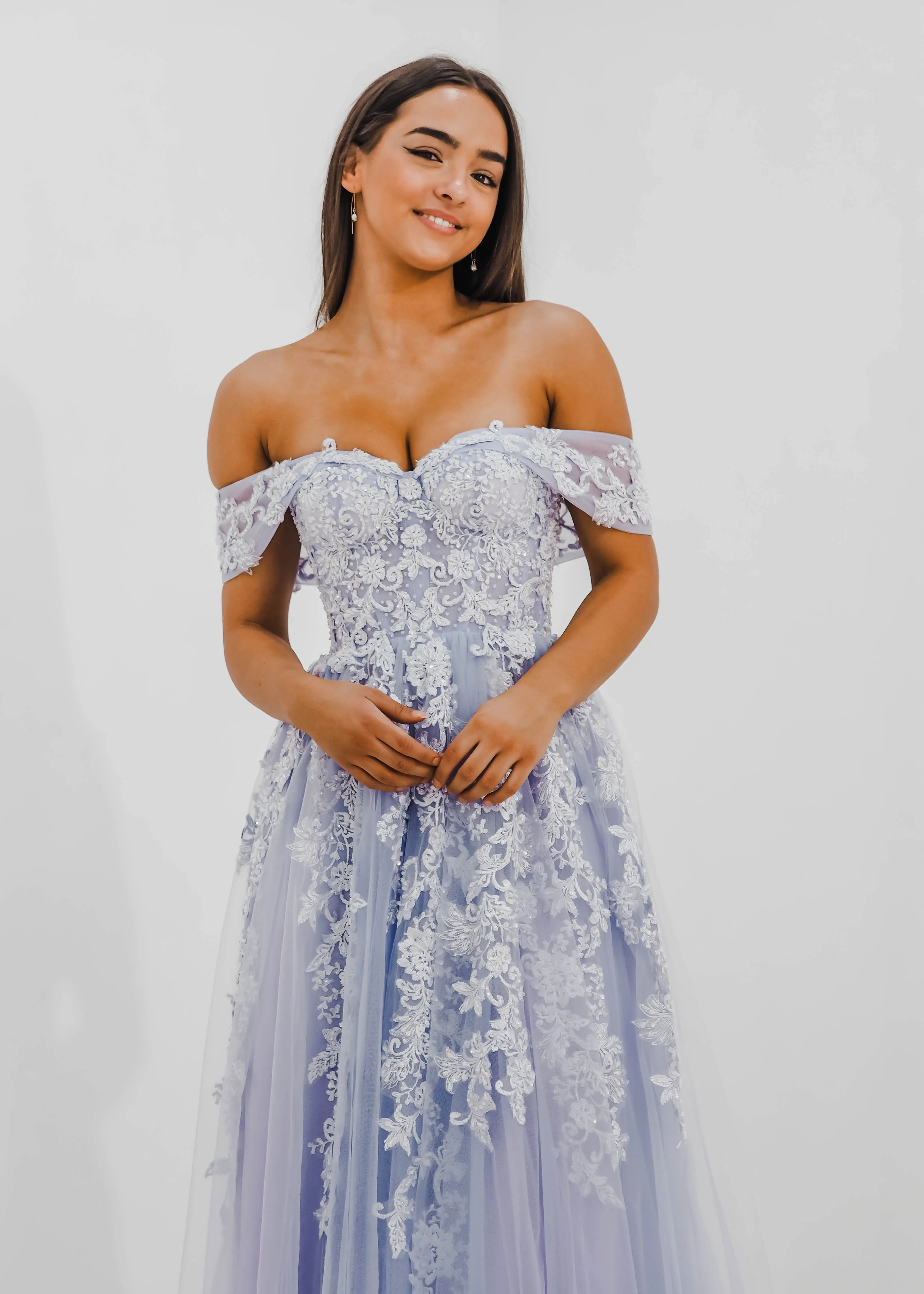 Pastel purple lace princess dress with off the shoulder sleeves