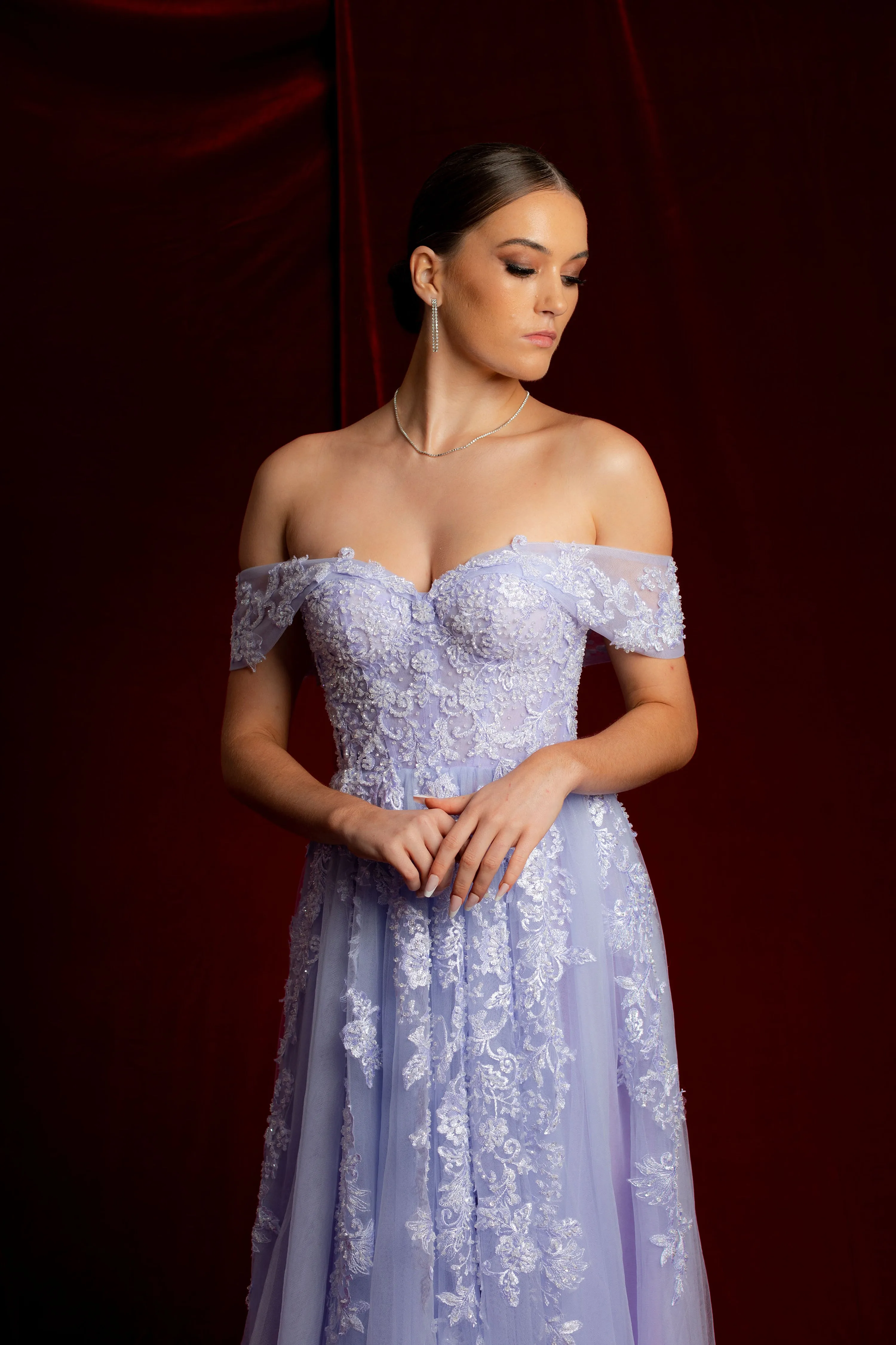 Pastel purple lace princess dress with off the shoulder sleeves