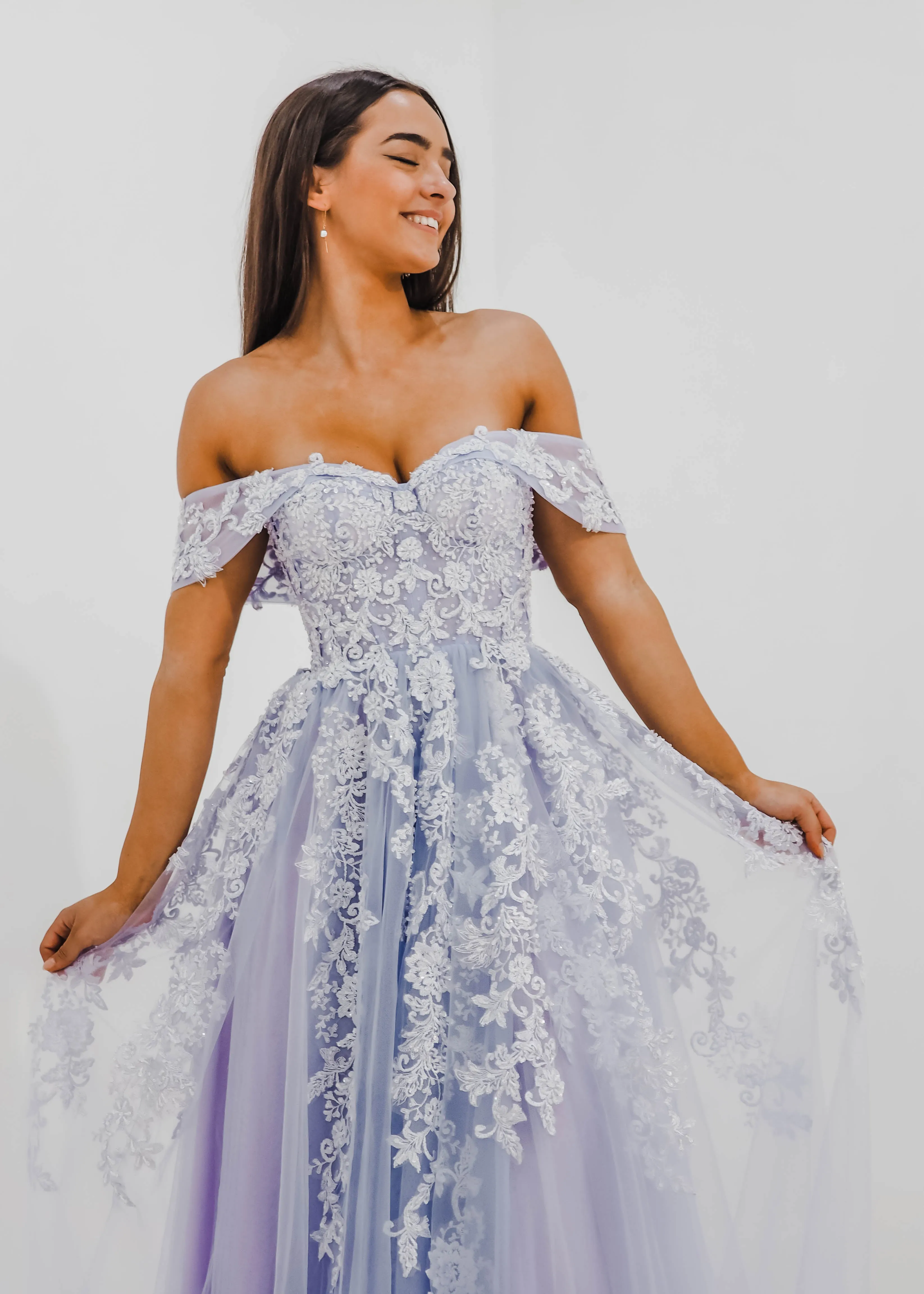 Pastel purple lace princess dress with off the shoulder sleeves